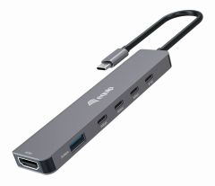 133500 Adaptador Multifuncional USB-C 6 en 1, HDMI 4K/30Hz, USB-C x 4 , USB-A x 1, 5Gbps, 100W USB PD
