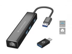 DONN07BA USB to Gigabit Network Adapter with 3-Port USB Hub, USB-A x 3, Wake-on-LAN, incl. USB C-A Adapter