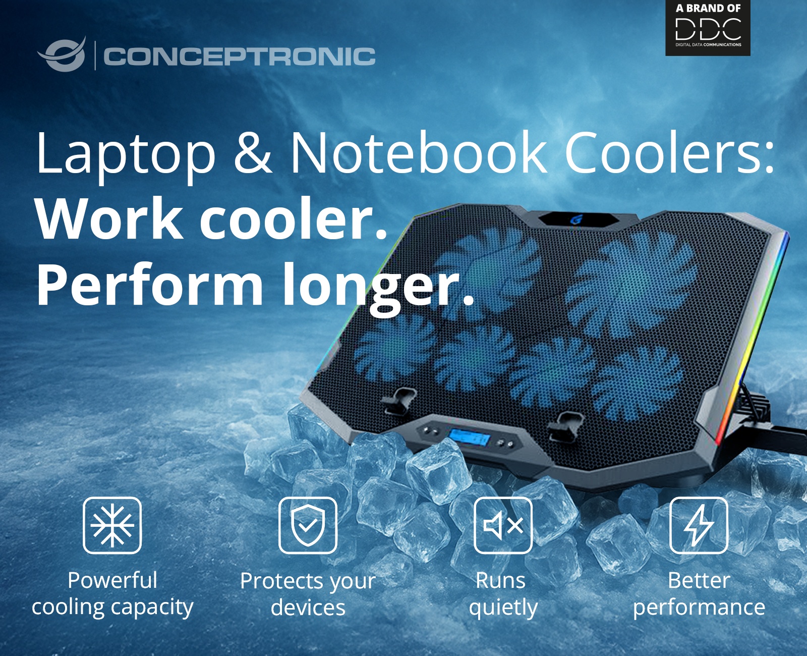 Laptop and notebook cooling pad – quiet, efficient, and USB-powered – available in the online store from Conceptronic